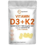 NEW Vitamin D3 5000 iu Plus K2 (MK-7) 100 mcg, 300 Virgin Coconut Oil Softgel